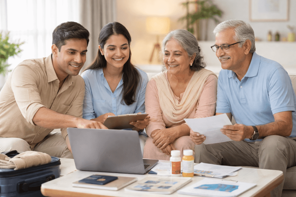 ndian family calmly planning medical travel together at home, coordinating treatment-related travel without stress.