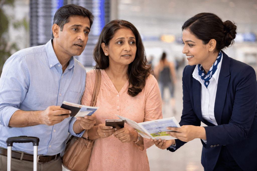 First-time Indian travelers receiving calm guidance from airport staff, showing reassurance and support during their journey.