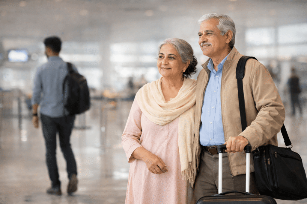Elderly Indian parents standing together at an international airport, traveling alone with calm confidence and support.