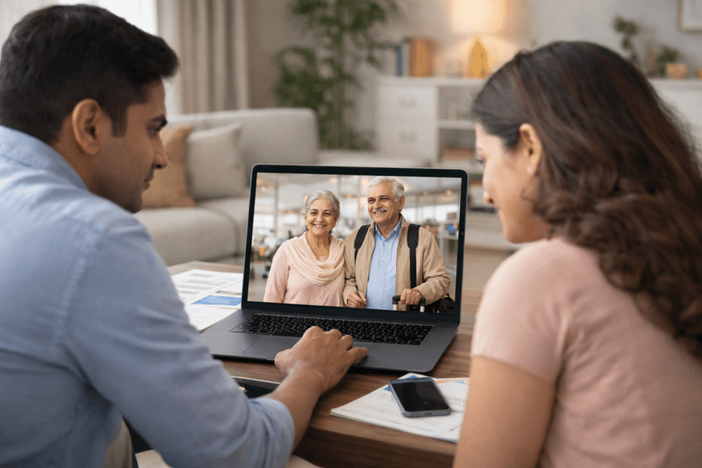 NRI couple coordinating their parents’ travel remotely through a video call, ensuring everything is handled properly from abroad.